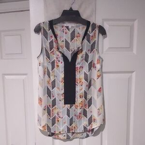 Vintage CAbi 249 Grosgrain Chevron Floral Top. Size Xs. Blue Floral Black Trim